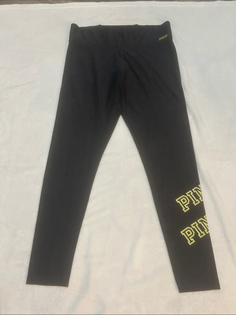 PINK Victoria's Secret Women’s Grey Leggings with Neon Yellow Logo Size Large